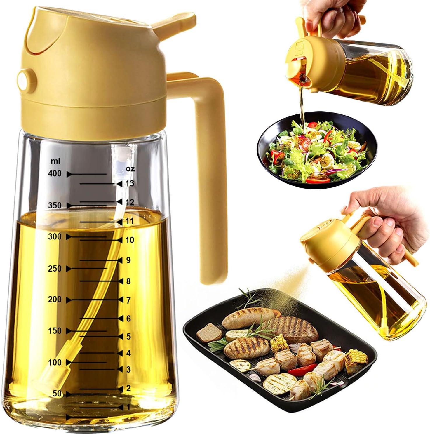 2 in 1 Olive Oil Sprayer & Dispenser - 16oz Glass Bottle for Cooking