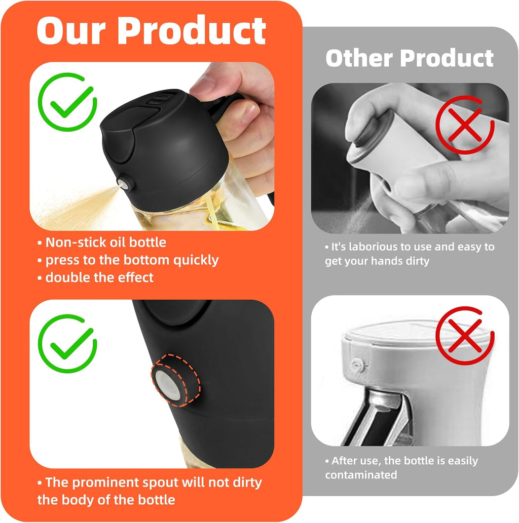 2 in 1 Olive Oil Sprayer & Dispenser - 16oz Glass Bottle for Cooking