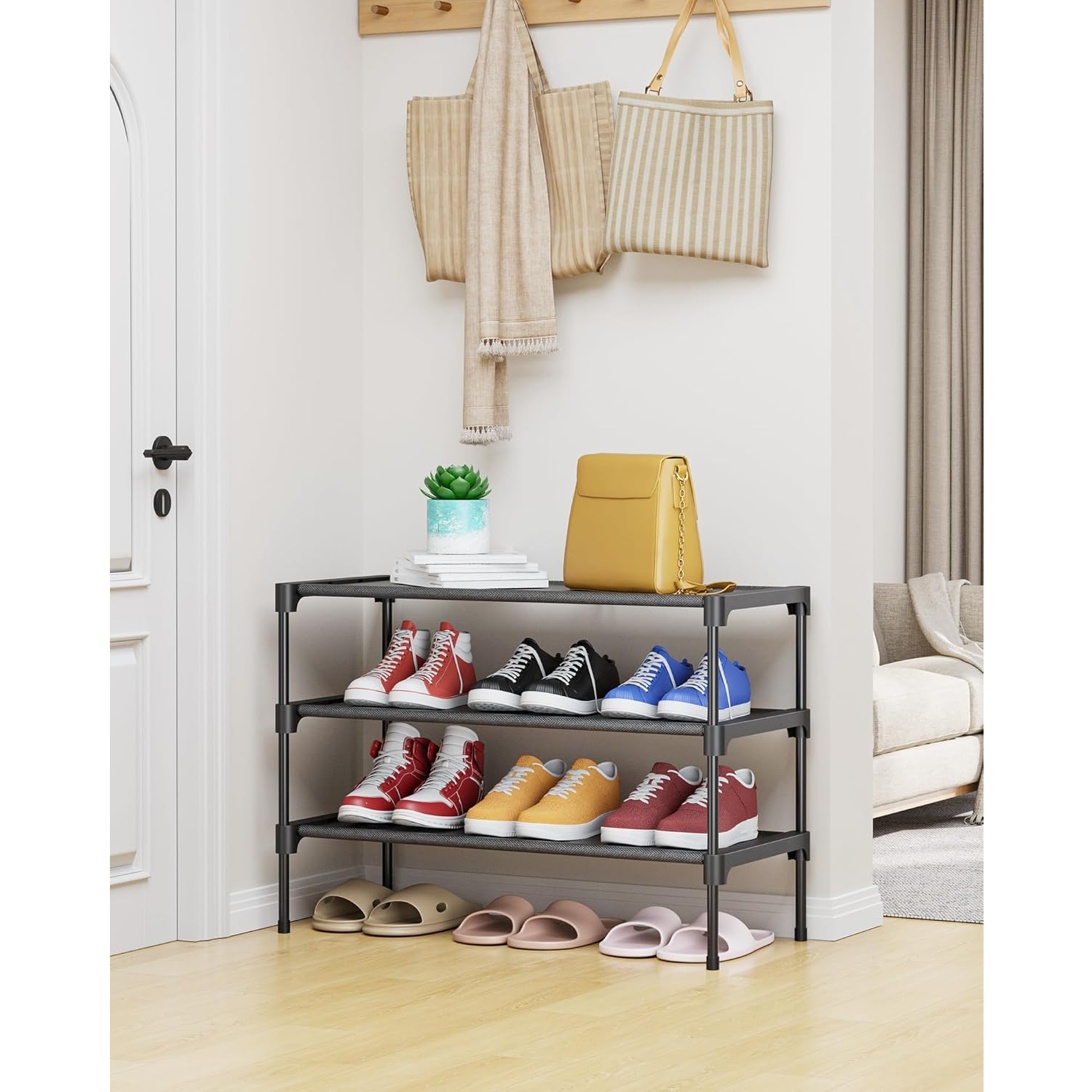 8-Tier Black Shoe Rack - Heavy Duty Metal & Plastic Shoe Tower