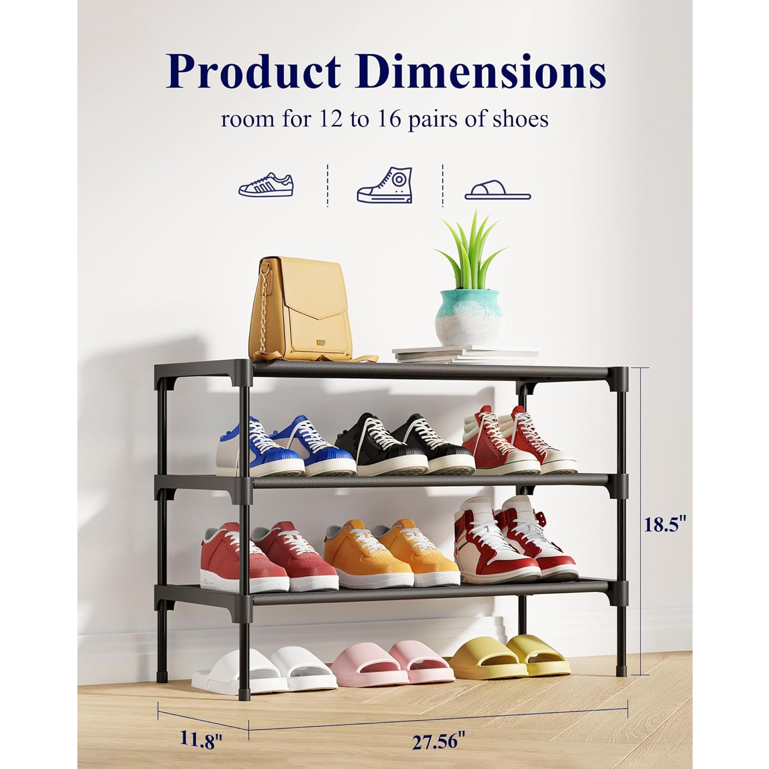 8-Tier Black Shoe Rack - Heavy Duty Metal & Plastic Shoe Tower