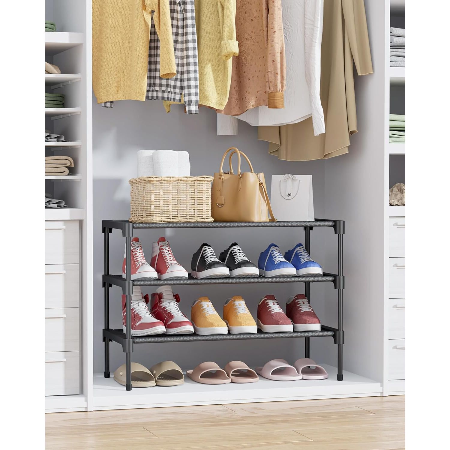 8-Tier Black Shoe Rack - Heavy Duty Metal & Plastic Shoe Tower