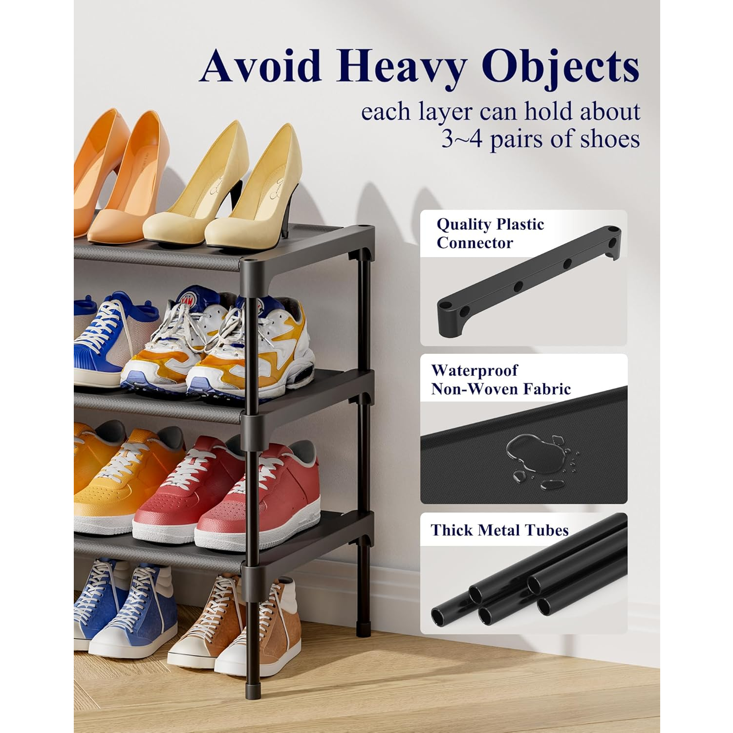 8-Tier Black Shoe Rack - Heavy Duty Metal & Plastic Shoe Tower
