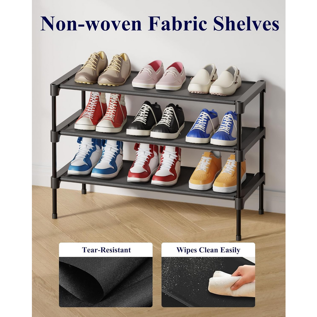 8-Tier Black Shoe Rack - Heavy Duty Metal & Plastic Shoe Tower