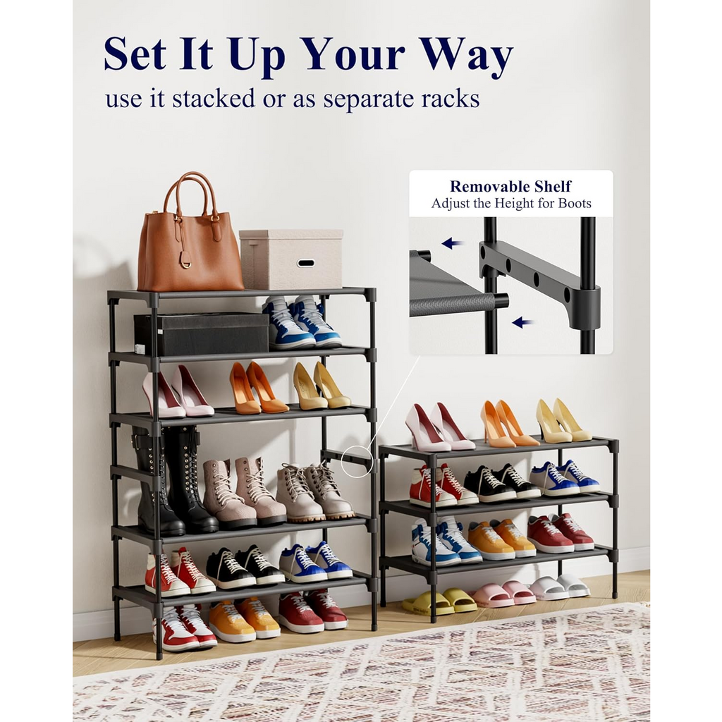 8-Tier Black Shoe Rack - Heavy Duty Metal & Plastic Shoe Tower